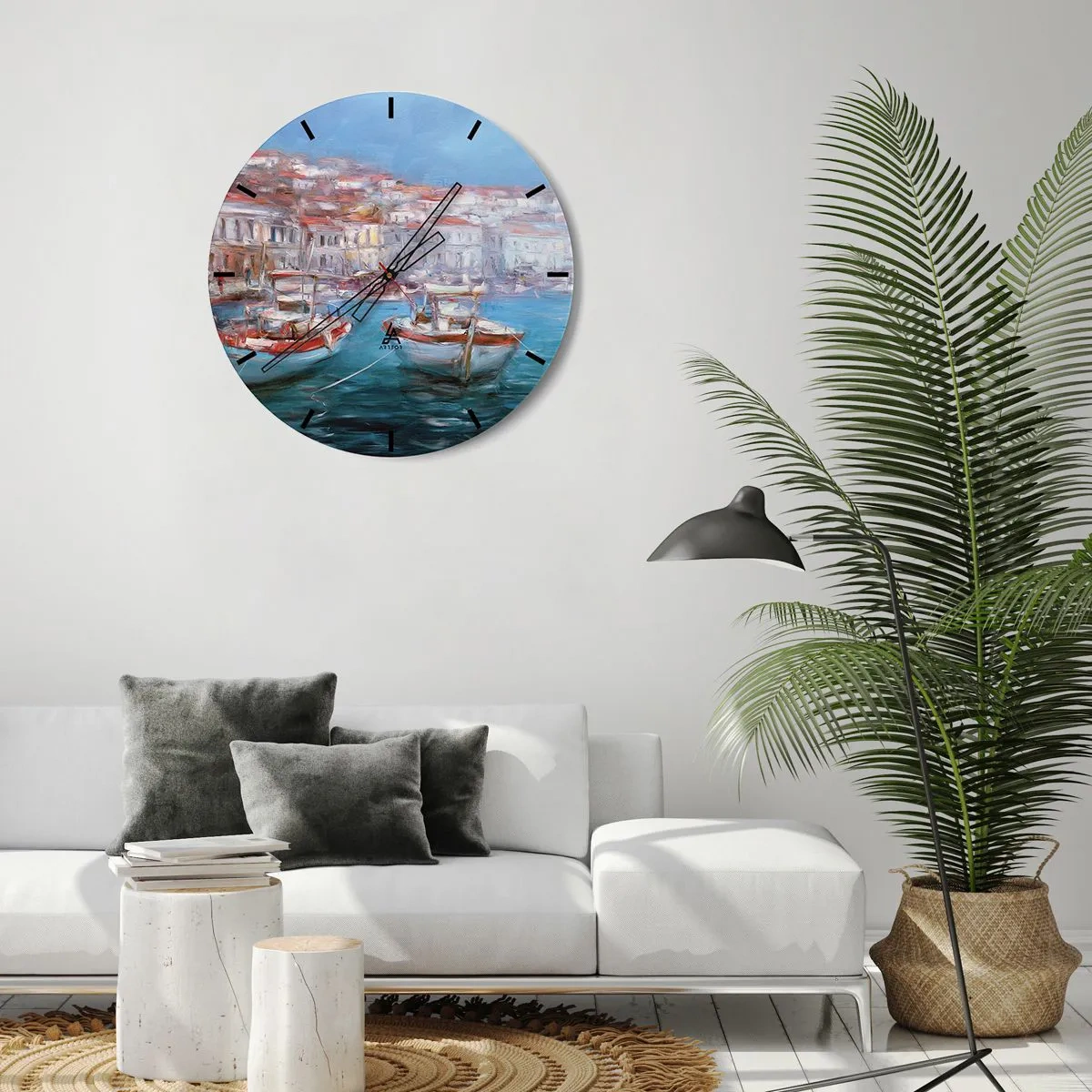 Nástěnné hodiny - Malebný přístav s loděmi v impresionistickém stylu - 30x30cm - Italský záliv - Moderní nástěnná dekorace do obývacího pokoje, kuchyně a ložnice ARTTOR