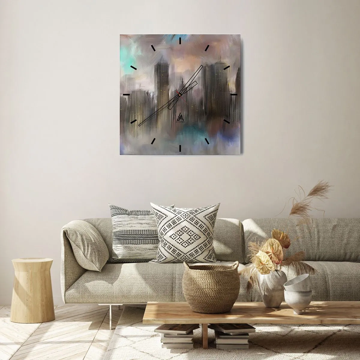 Nástěnné hodiny - Kompozice z oceli, kamene a mlhy - 30x30 cm