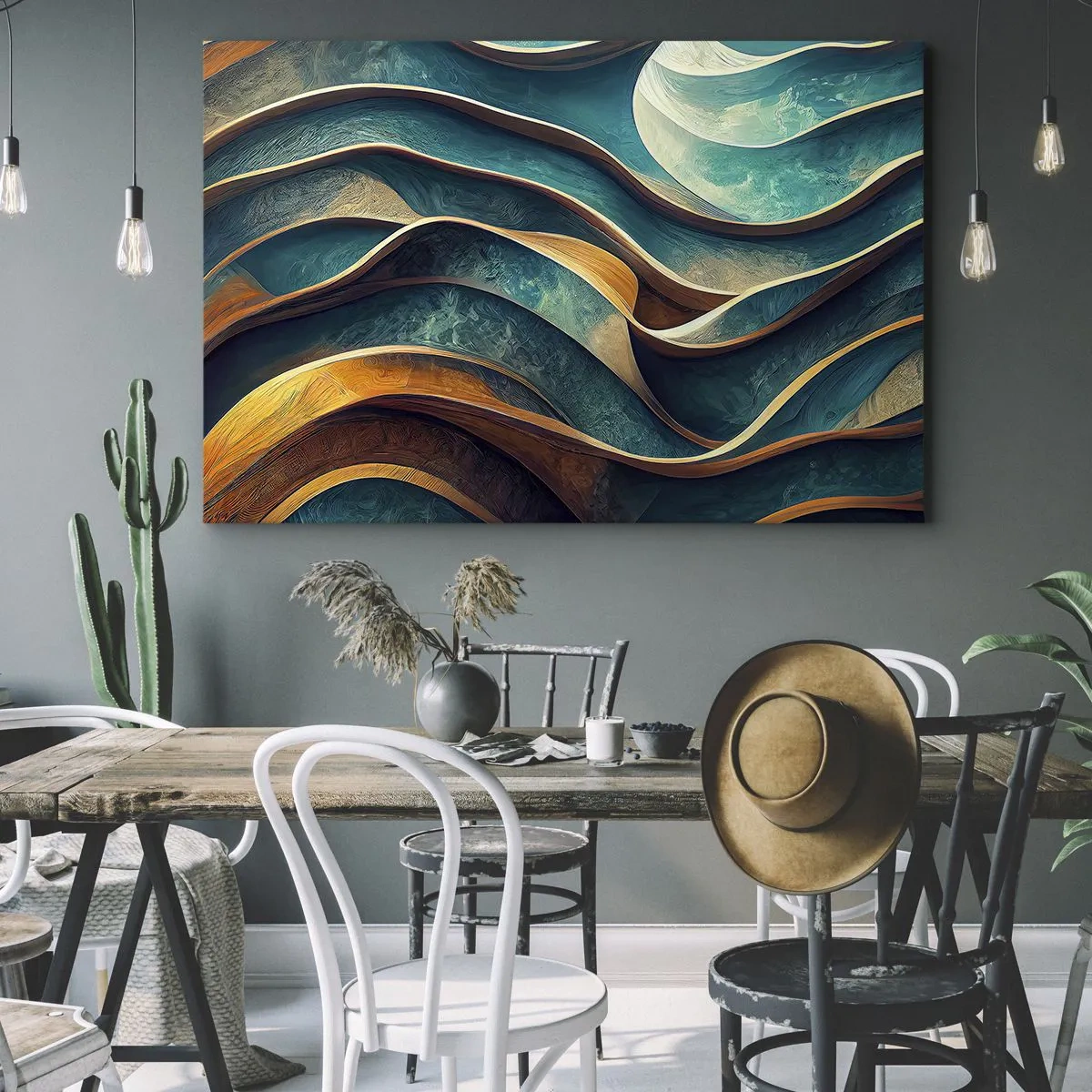 Obraz na plátně - Abstraktní vlny v odstínech tyrkysové a zlaté - 70x50cm - Meandry modré - Moderní nástěnná dekorace do obývacího pokoje a ložnice ARTTOR