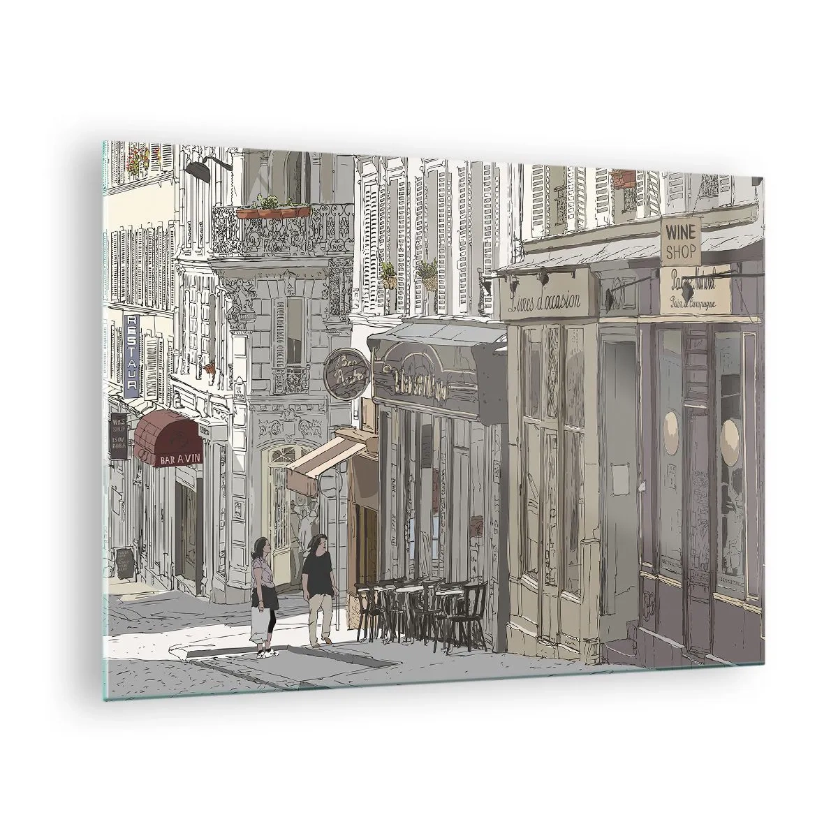Obraz na skle - Ulice s kavárnami v uměleckém městském stylu - 70x50cm - Městské radosti - Moderní nástěnná dekorace do obývacího pokoje a ložnice ARTTOR
