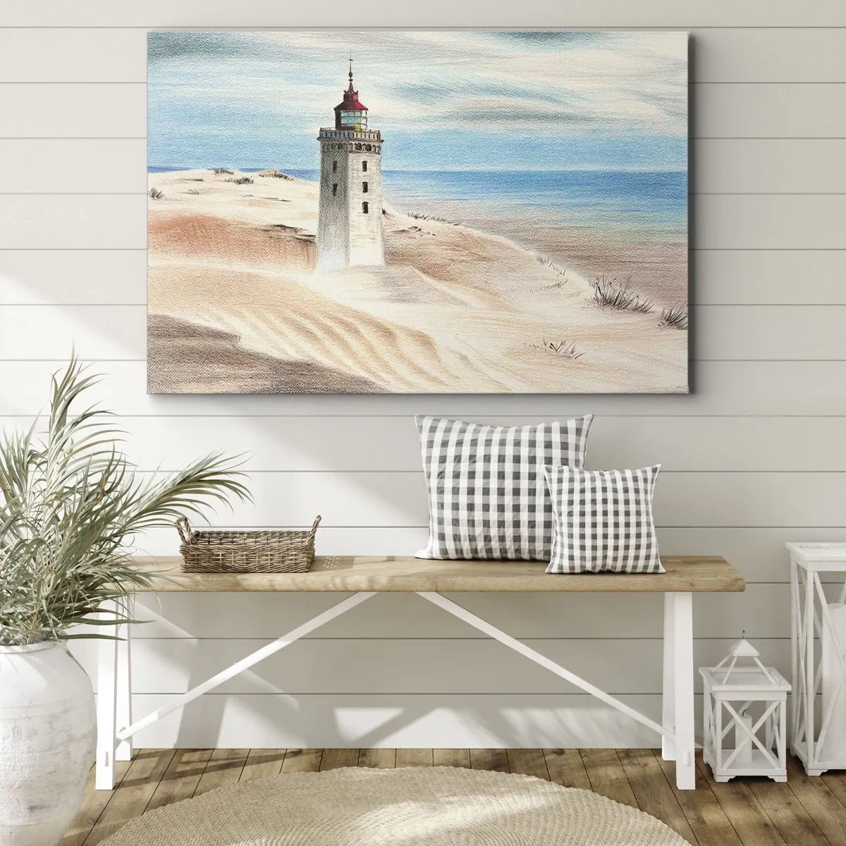 Obraz na plátně - Maják obklopený písečnými dunami a modrou oblohou - 70x50cm - Vždy hledí na moře - Moderní nástěnná dekorace do obývacího pokoje a ložnice ARTTOR