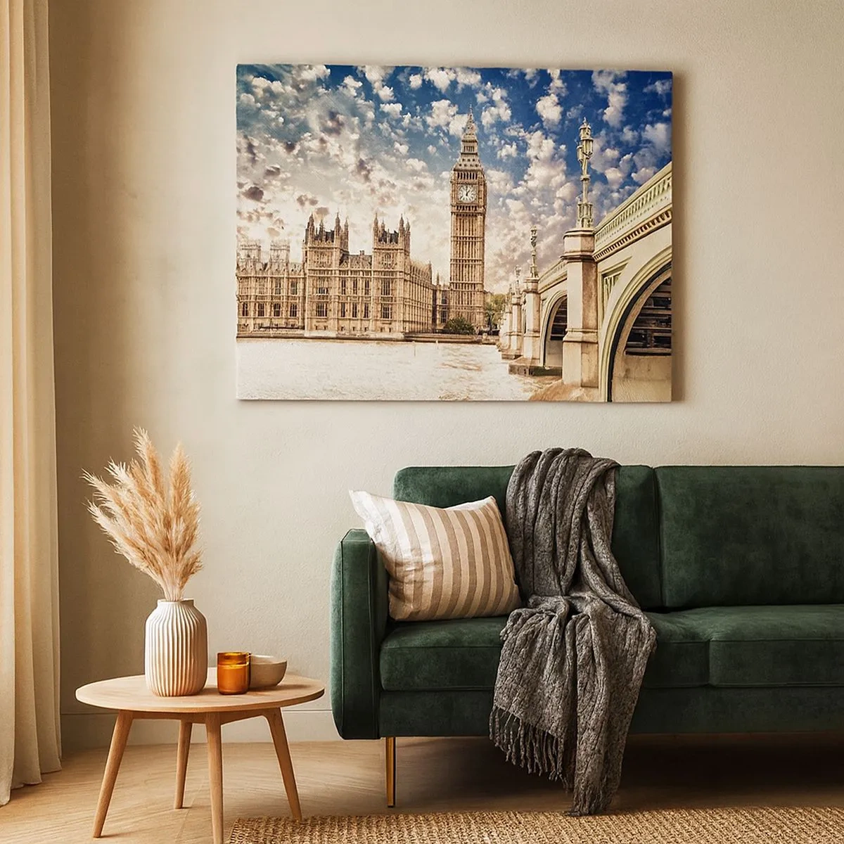 Obraz na plátně - Big Ben a Westminsterský most osvětlené sluncem v Londýně - 70x50cm - Peřové oblaky nad Temží - Moderní nástěnná dekorace do obývacího pokoje a ložnice ARTTOR
