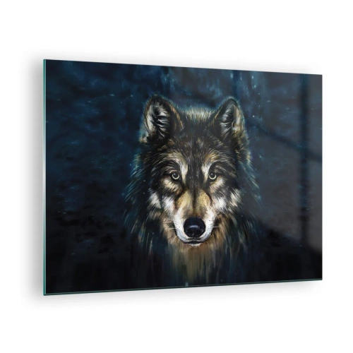 Obraz na skle - Vlk na tmavém lesním pozadí v realistickém stylu. - 70x50cm - Alfa? A omega - Moderní nástěnná dekorace do obývacího pokoje a ložnice ARTTOR