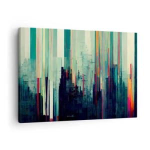 Obraz na plátně - Abstrakce se svislými čarami a panoramatem města - 70x50cm - Futuristické město - Moderní nástěnná dekorace do obývacího pokoje a ložnice ARTTOR
