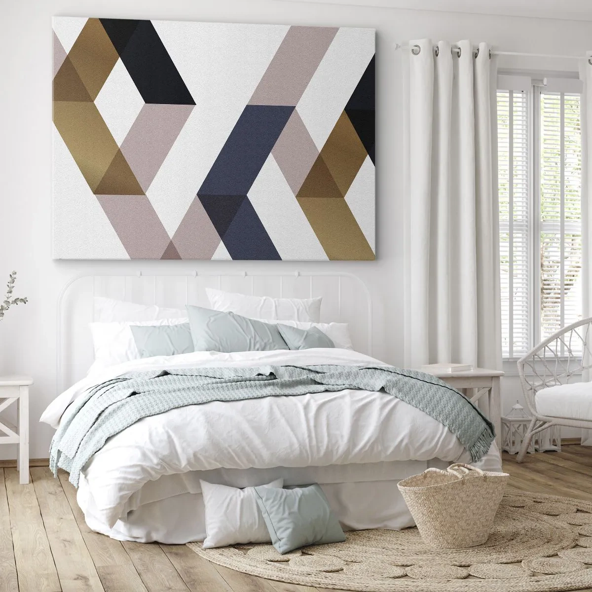 Obraz na plátně - Geometrické vzory v odstínech zlaté a tmavě modré - 70x50cm - Roviny a úhly - Moderní nástěnná dekorace do obývacího pokoje a ložnice ARTTOR