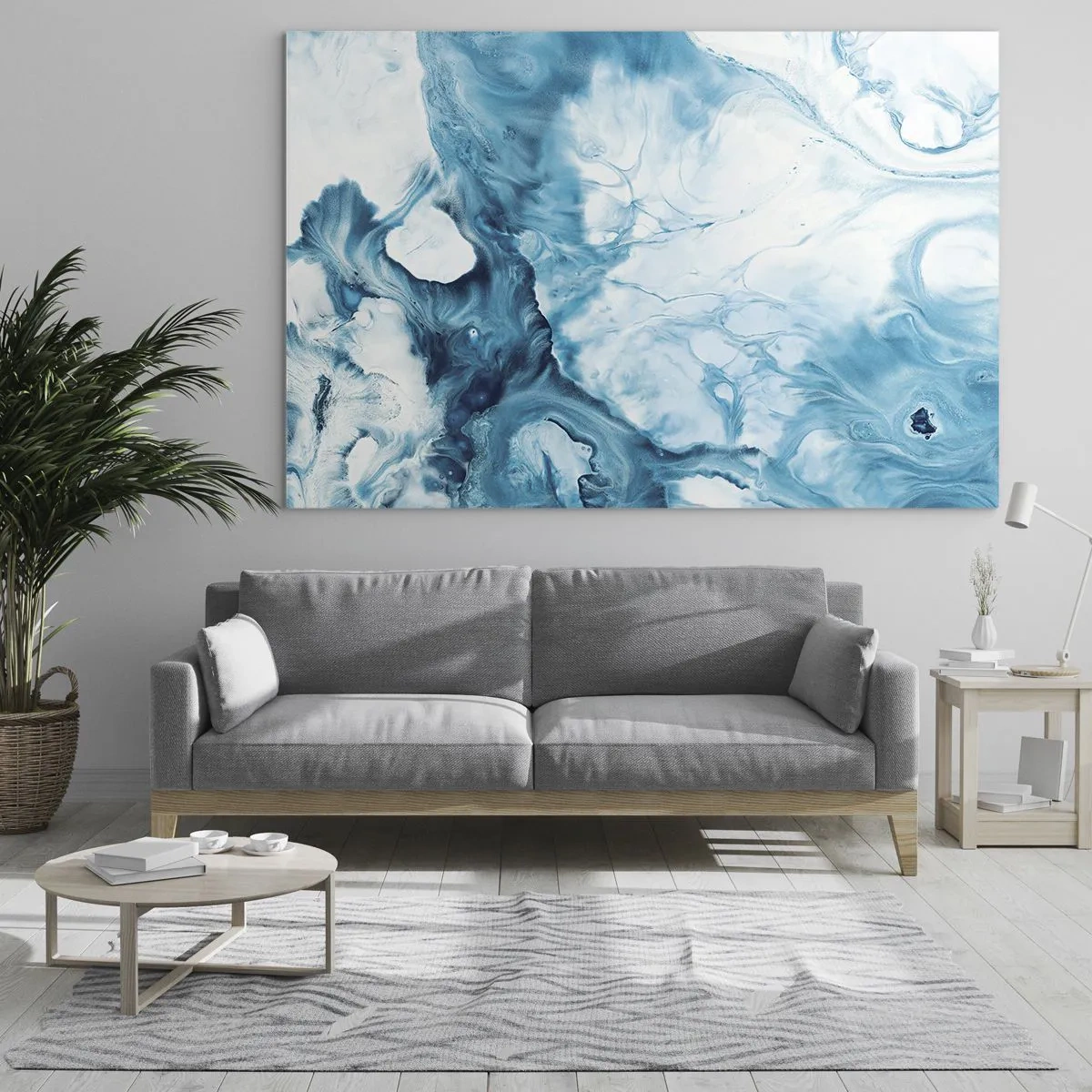Obraz na skle - Abstraktní kompozice v odstínech modré a bílé - 70x50cm - Modrý koncert - Moderní nástěnná dekorace do obývacího pokoje a ložnice ARTTOR