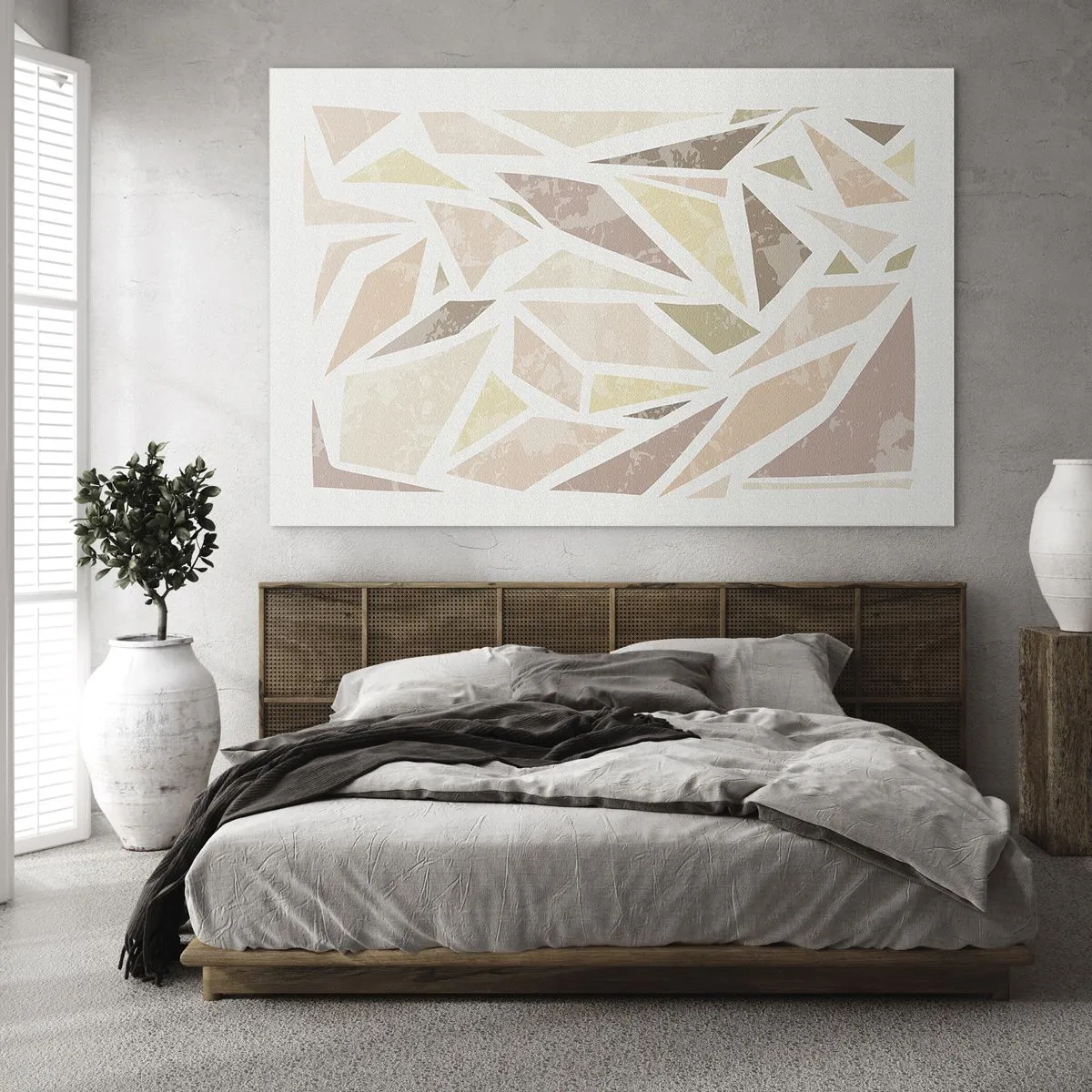 Obraz na skle - Geometrická mozaika v pastelových barvách na světlém pozadí - 70x50cm - Kompozice: vitráž - Moderní nástěnná dekorace do obývacího pokoje a ložnice ARTTOR