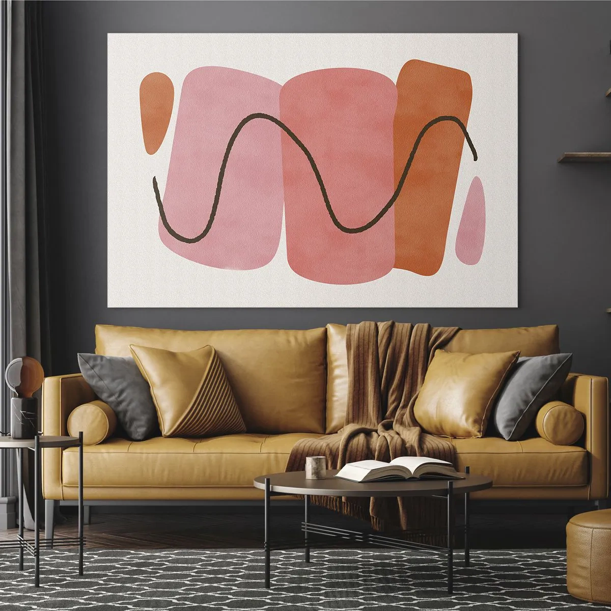 Obraz na skle - Abstraktní tvary v růžové a oranžové barvě s černou linkou - 70x50cm - Jemný pohyb forem - Moderní nástěnná dekorace do obývacího pokoje a ložnice ARTTOR