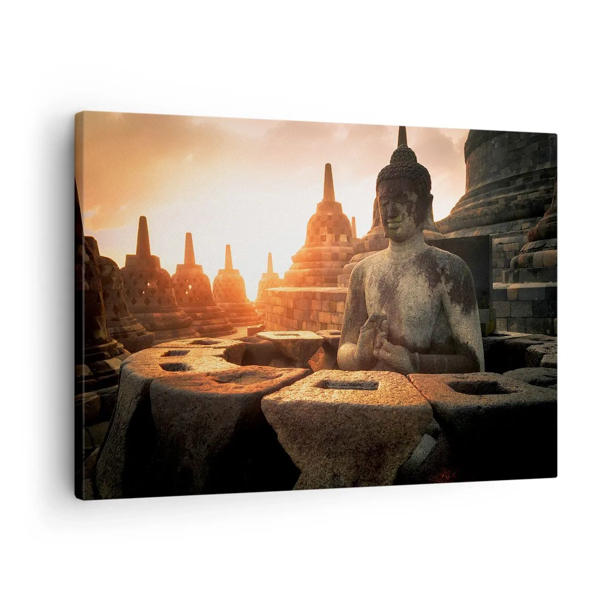 Obraz na plátně - Socha Buddhy v chrámu Borobudur při západu slunce - 70x50cm - Počasí velké moudrosti - Moderní nástěnná dekorace do obývacího pokoje a ložnice ARTTOR