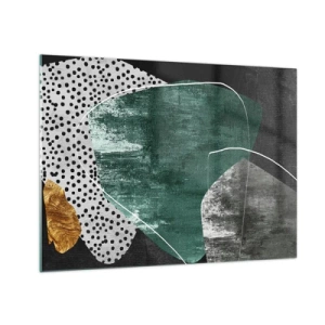 Obraz na skle - Zelené formy s černým pozadím a zlatým akcentem - 70x50cm - Barevná abstrakce se zlatou vločkou - Moderní nástěnná dekorace do obývacího pokoje a ložnice ARTTOR