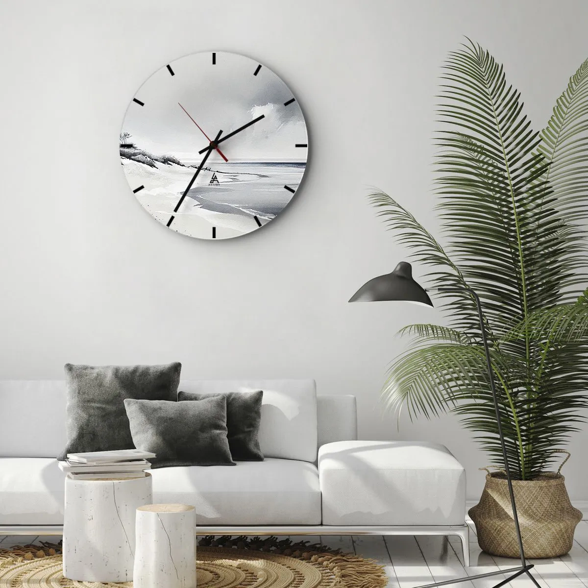 Nástěnné hodiny - Minimalistická plážová krajina s dunami a zamračenou oblohou. - 30x30cm - Vždycky spolu - Moderní nástěnná dekorace do obývacího pokoje, kuchyně a ložnice ARTTOR