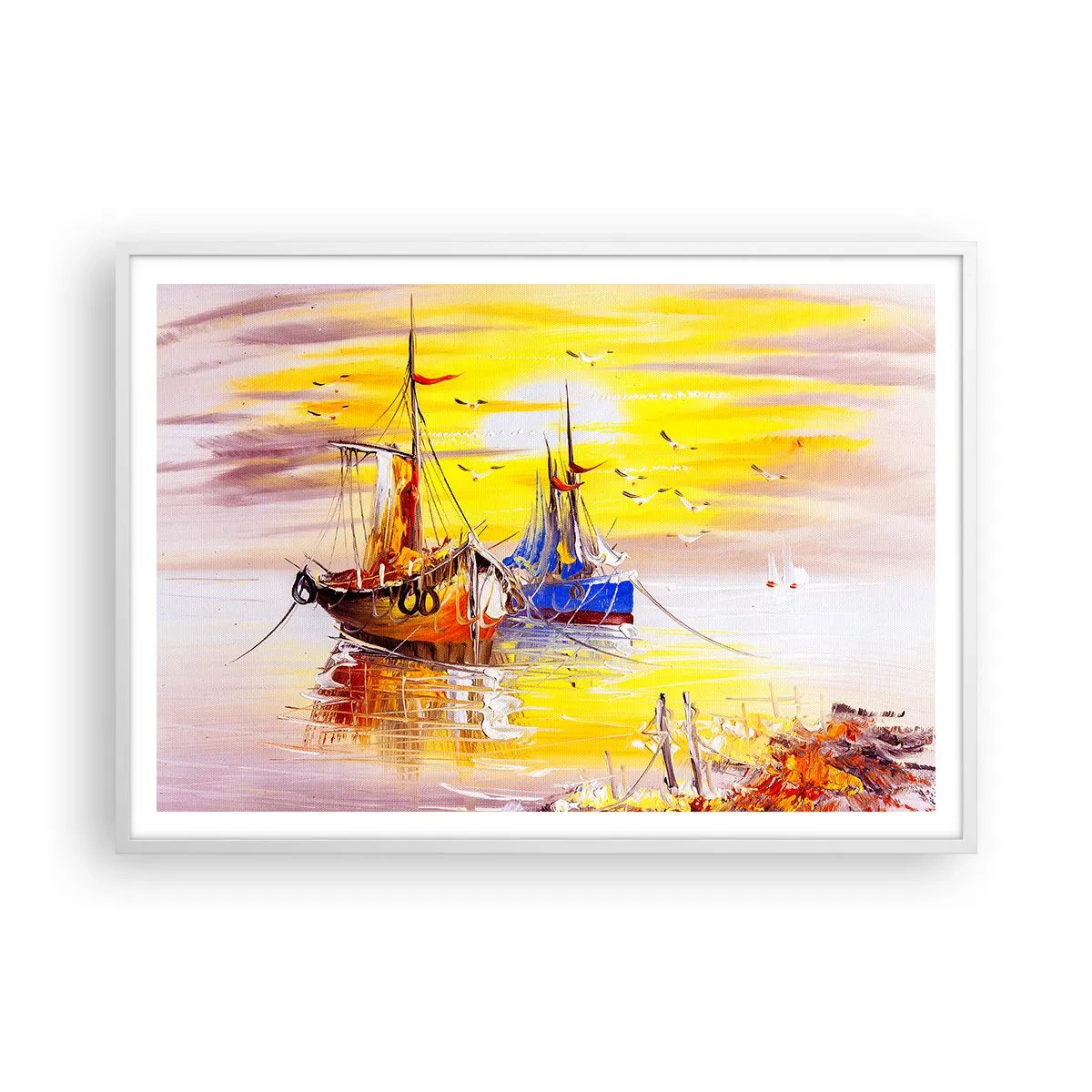 Plakát v bílém rámu - Zasloužený odpočinek v přístavu - 100x70 cm