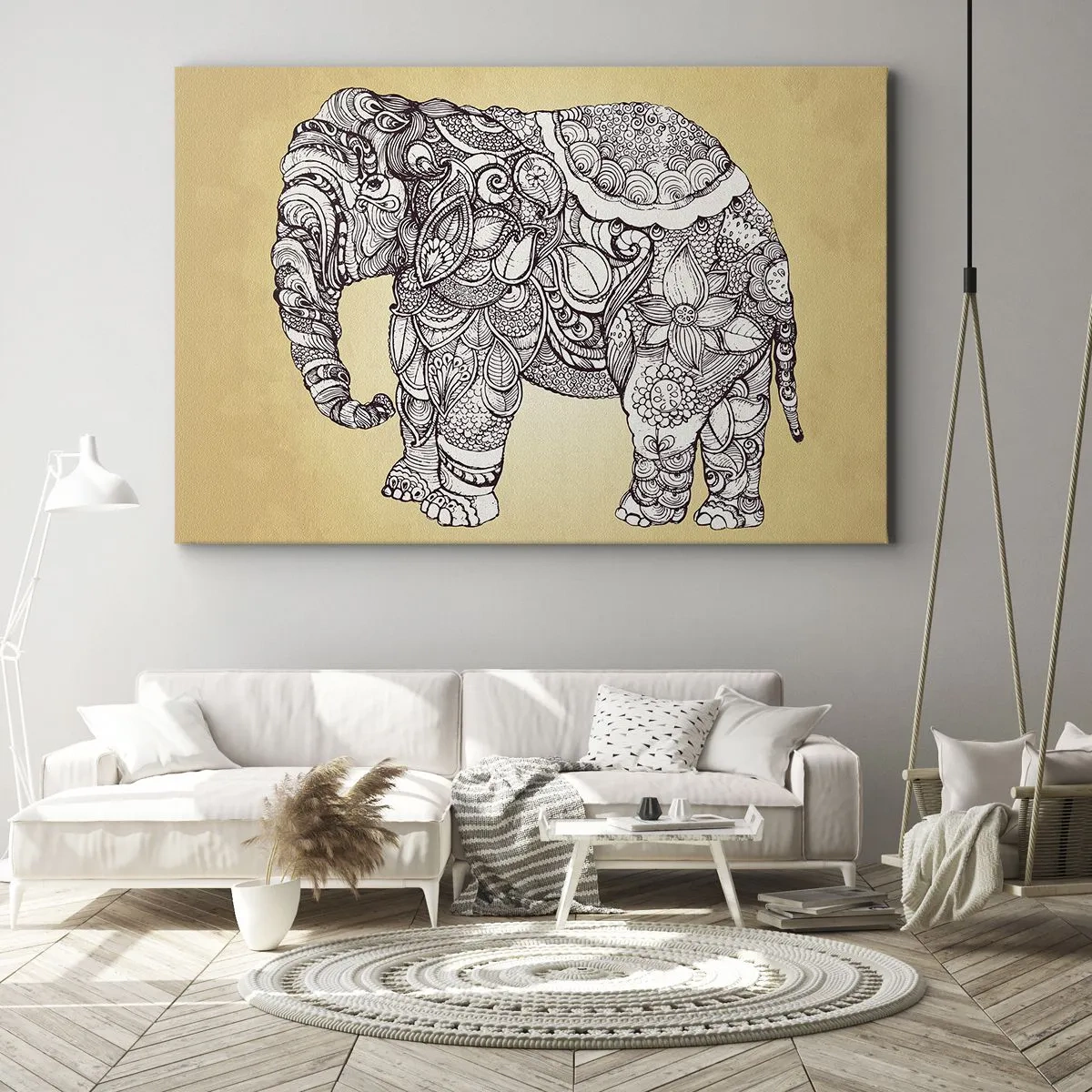 Obraz na plátně - Ručně kreslený slon s zdobeným vzorem na béžovém pozadí - 70x50cm - Skrytý slon - Moderní nástěnná dekorace do obývacího pokoje a ložnice ARTTOR