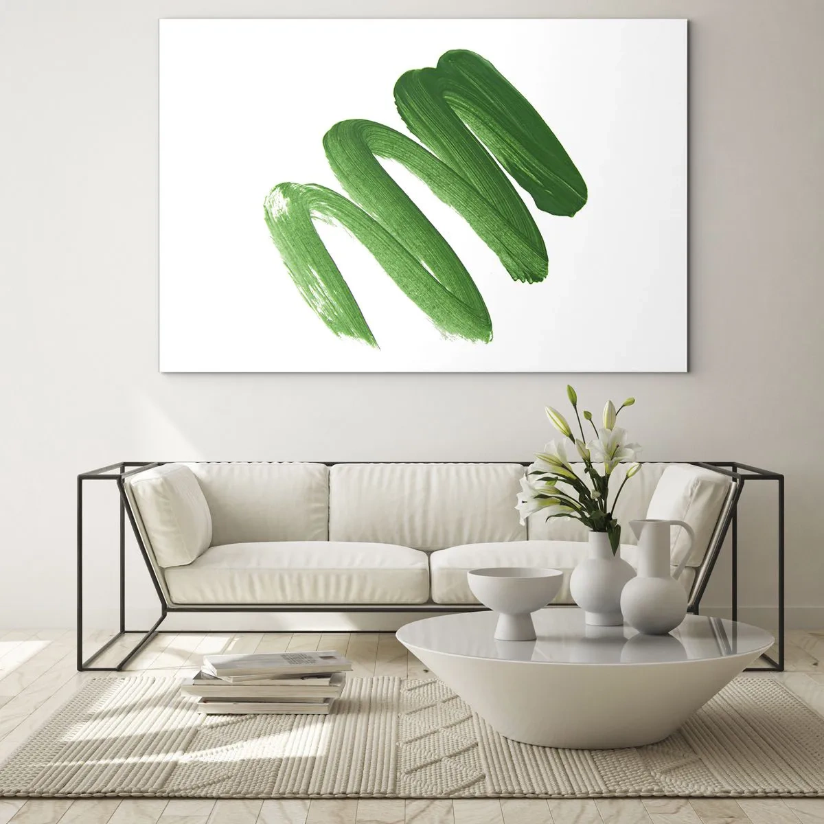 Obraz na skle - Dynamický zelený tah štětcem na bílém pozadí - 70x50cm - Zelený žert - Moderní nástěnná dekorace do obývacího pokoje a ložnice ARTTOR