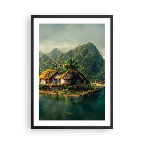 Plakát v černém rámu - Tropická chata s horami a jezerem v pozadí - 50x70cm - Tropický ráj - Moderní nástěnná dekorace do obývacího pokoje a ložnice ARTTOR