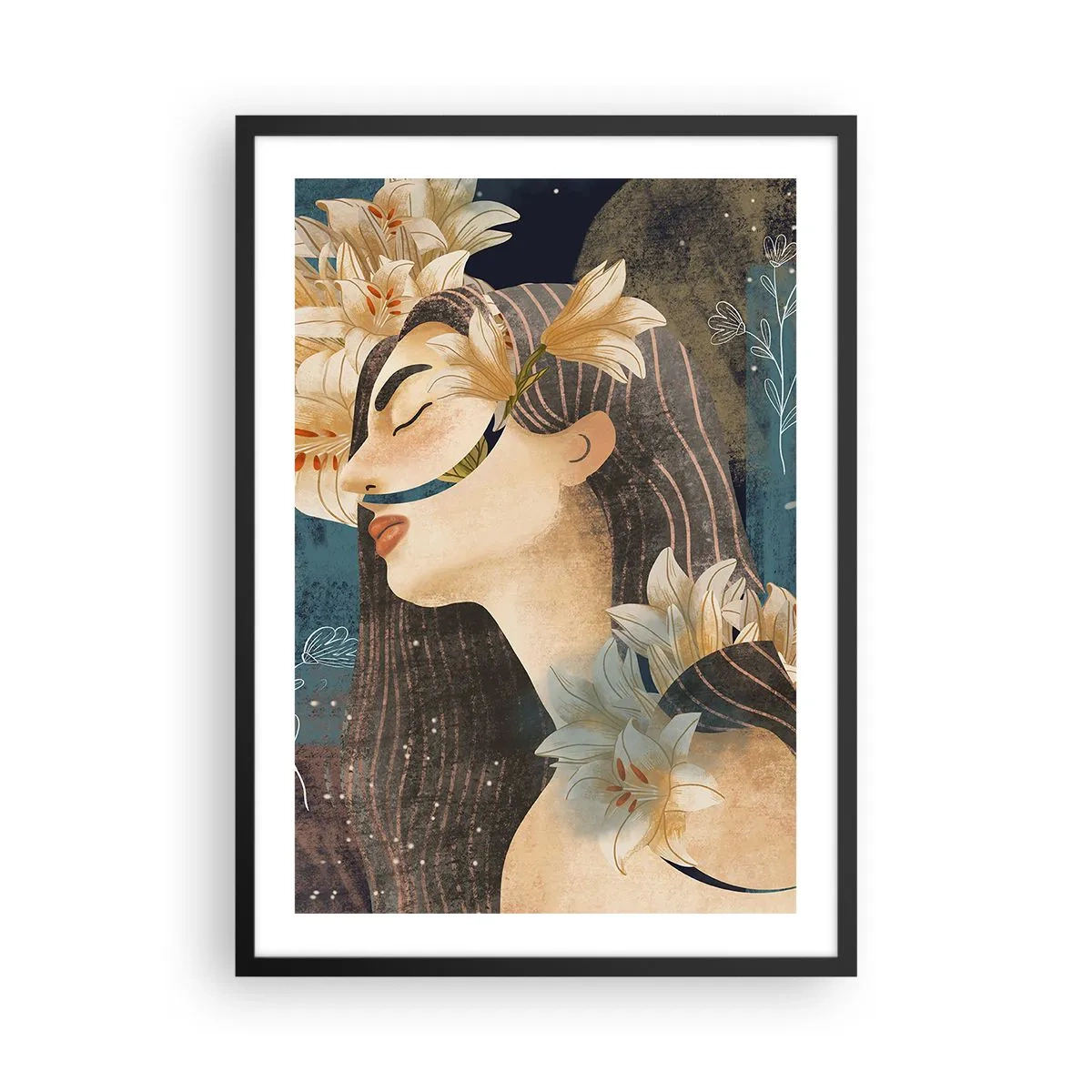 Plakát v černém rámu - Profil ženy obklopené liliemi na tmavě modrém pozadí - 50x70cm - Pohádka o princezně s liliemi - Moderní nástěnná dekorace do obývacího pokoje a ložnice ARTTOR