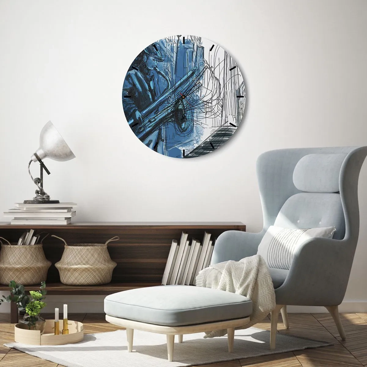 Nástěnné hodiny - Jazzový hudebník v umělecké interpretaci - 30x30cm - Městská rapsodie - Moderní nástěnná dekorace do obývacího pokoje, kuchyně a ložnice ARTTOR