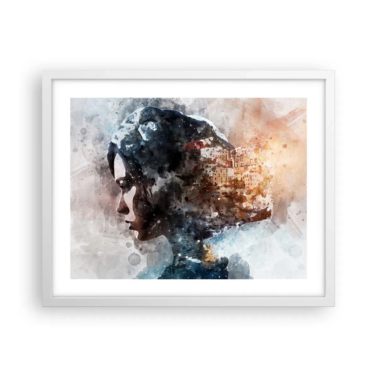 Plakát v bílém rámu - Příběh o dívce s městem v pozadí - 50x40 cm