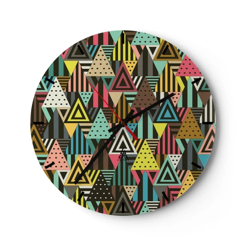 Nástěnné hodiny - Barevné trojúhelníky v geometrickém vzoru na tmavém pozadí - 30x30cm - V rytmu na tři - Moderní nástěnná dekorace do obývacího pokoje, kuchyně a ložnice ARTTOR