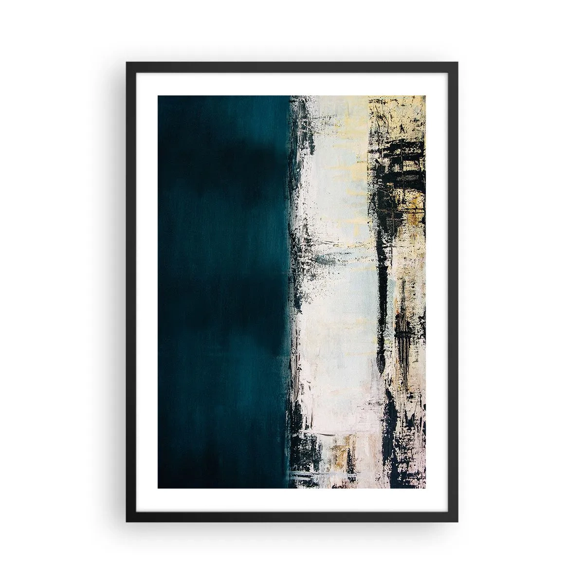 Plakát v černém rámu - Abstraktní kompozice v tmavě modrých a béžových tónech - 50x70cm - Horizontální kompozice - Moderní nástěnná dekorace do obývacího pokoje a ložnice ARTTOR