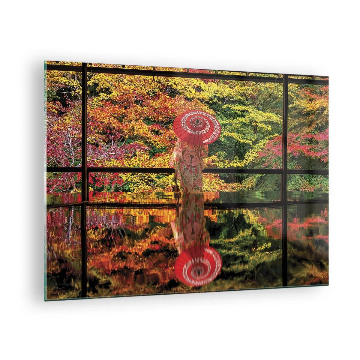 Obraz na skle - Žena v kimonu s deštníkem na pozadí podzimní krajiny, odrážející se ve vodě. - 70x50cm - V chrámu přírody - Moderní nástěnná dekorace do obývacího pokoje a ložnice ARTTOR