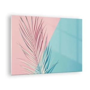 Obraz na skle - Palmový list na pastelovém pozadí v geometrické kompozici - 70x50cm - Tropický dojem - Moderní nástěnná dekorace do obývacího pokoje a ložnice ARTTOR