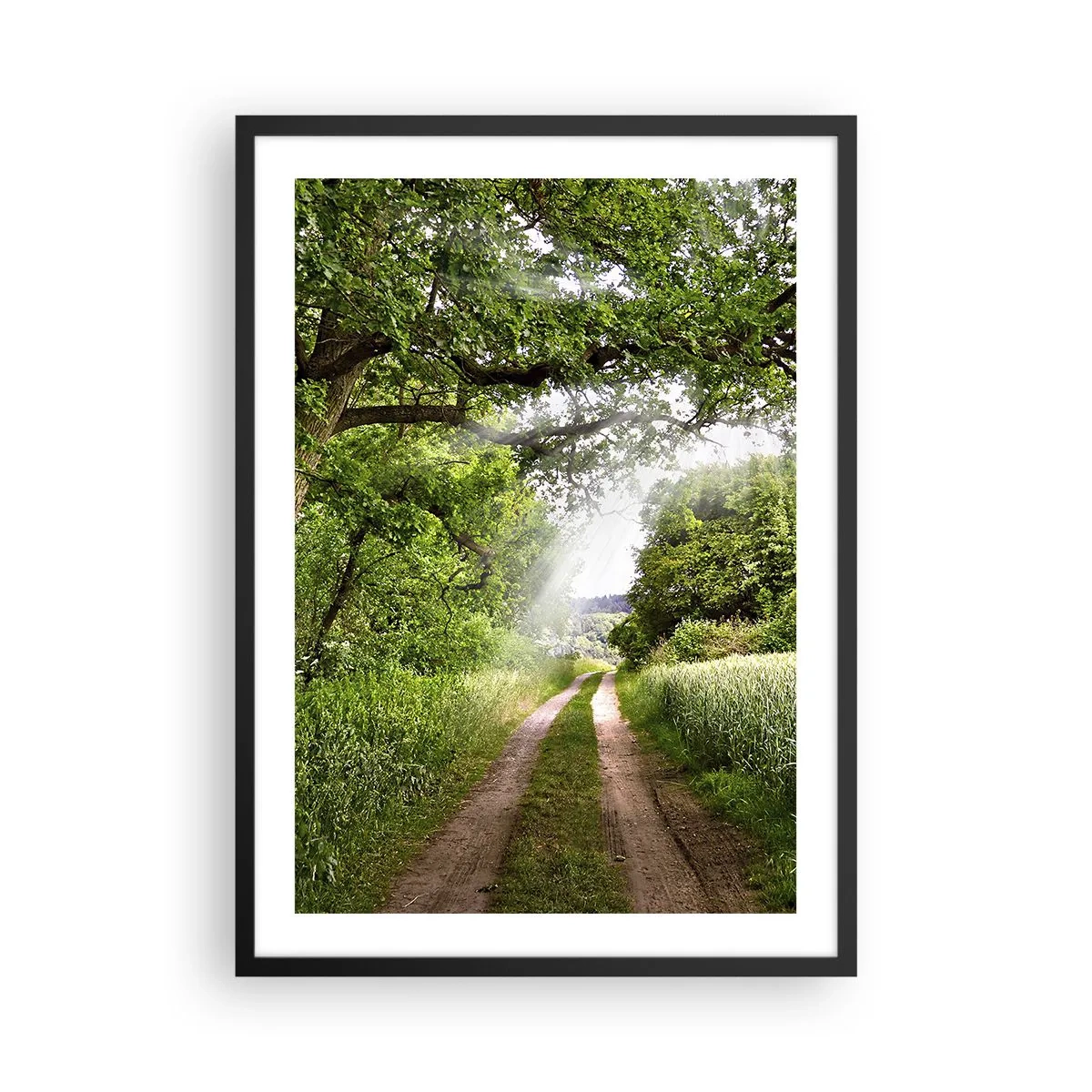 Plakát v černém rámu - Stinná prašná cesta obklopená svěžími zelenými stromy a loukami - 50x70cm - Et in Arcadia ego - Moderní nástěnná dekorace do obývacího pokoje a ložnice ARTTOR