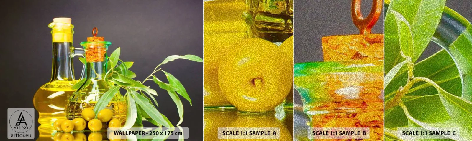 Vzor Fototapety Premium Sand - Zátiší s olivami a olejem - Gastronomie, Olivy, Olej - 100x30 cm