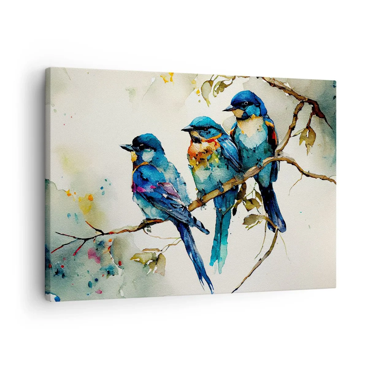 Obraz na plátně - Tři barevní ptáci na větvi ve stylu akvarelu - 70x50cm - Urazil se? - Moderní nástěnná dekorace do obývacího pokoje a ložnice ARTTOR