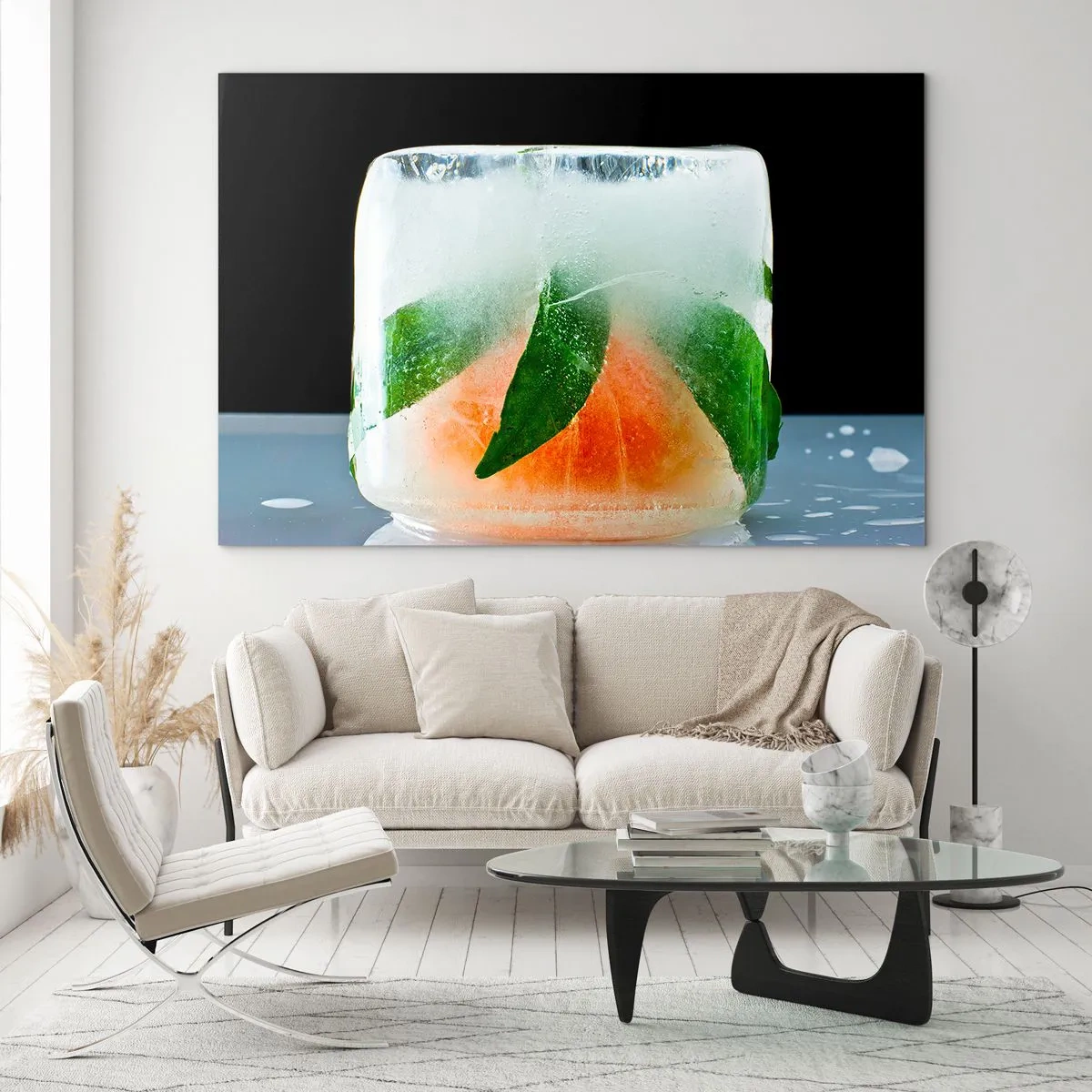 Obraz na skle - Ovoce a listy zmrazené v čirém ledu - 70x50cm - Svěžest a osvěžení - Moderní nástěnná dekorace do obývacího pokoje a ložnice ARTTOR