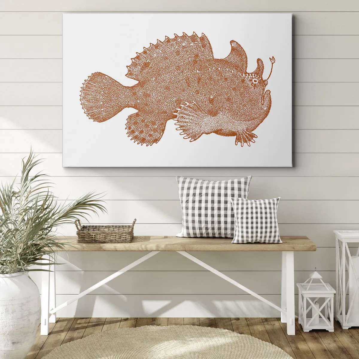 Obraz na plátně - Detailní kresba měděně zbarvené ryby na bílém pozadí - 70x50cm - A nakonec ryba - Moderní nástěnná dekorace do obývacího pokoje a ložnice ARTTOR