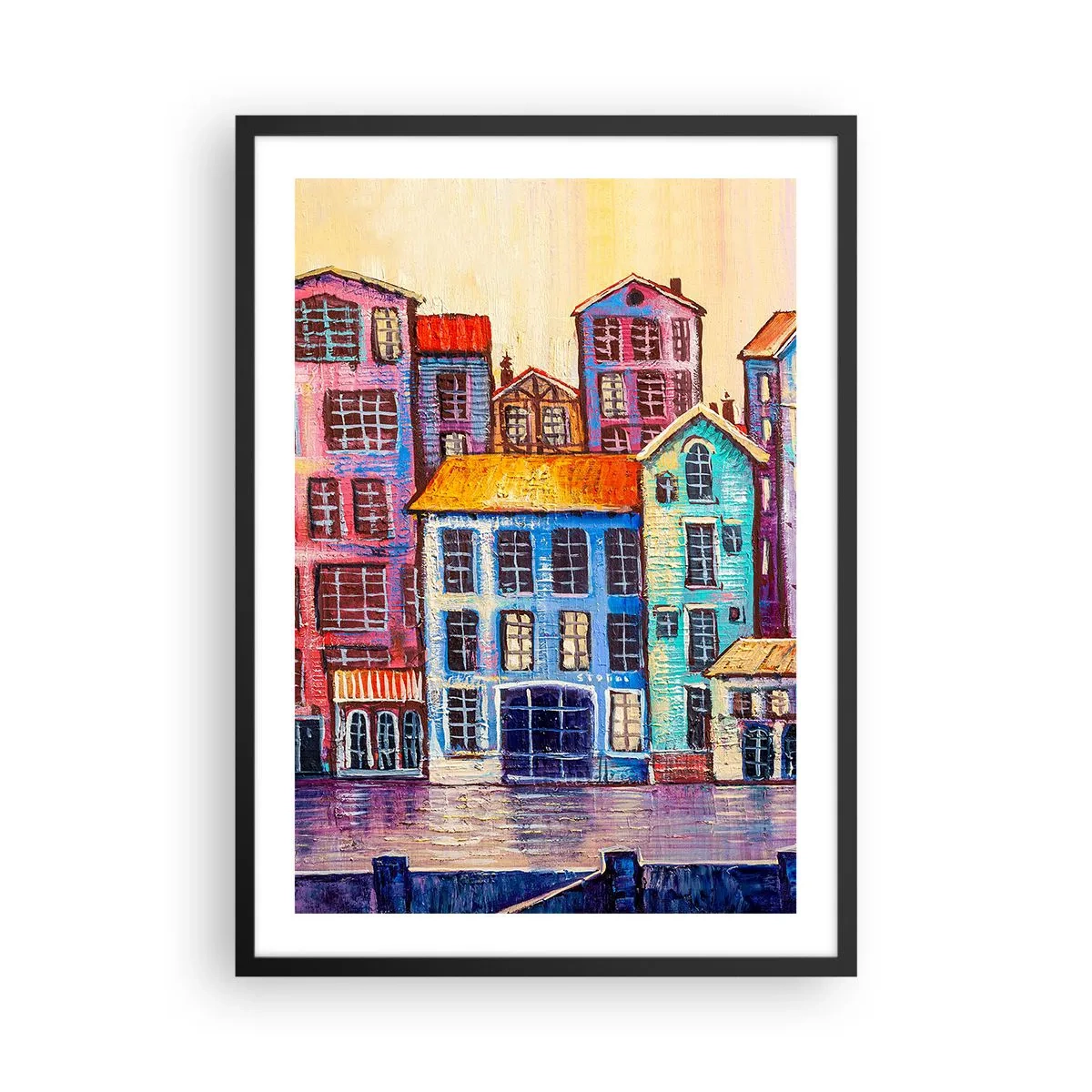 Plakát v černém rámu - Barevné činžovní domy u vody v malířském stylu - 50x70cm - Město jako z pohádky - Moderní nástěnná dekorace do obývacího pokoje a ložnice ARTTOR