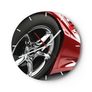 Nástěnné hodiny - Detail chromovaných ráfků červeného auta - 30x30cm - Vytvořený pro rychlost - Moderní nástěnná dekorace do obývacího pokoje, kuchyně a ložnice ARTTOR
