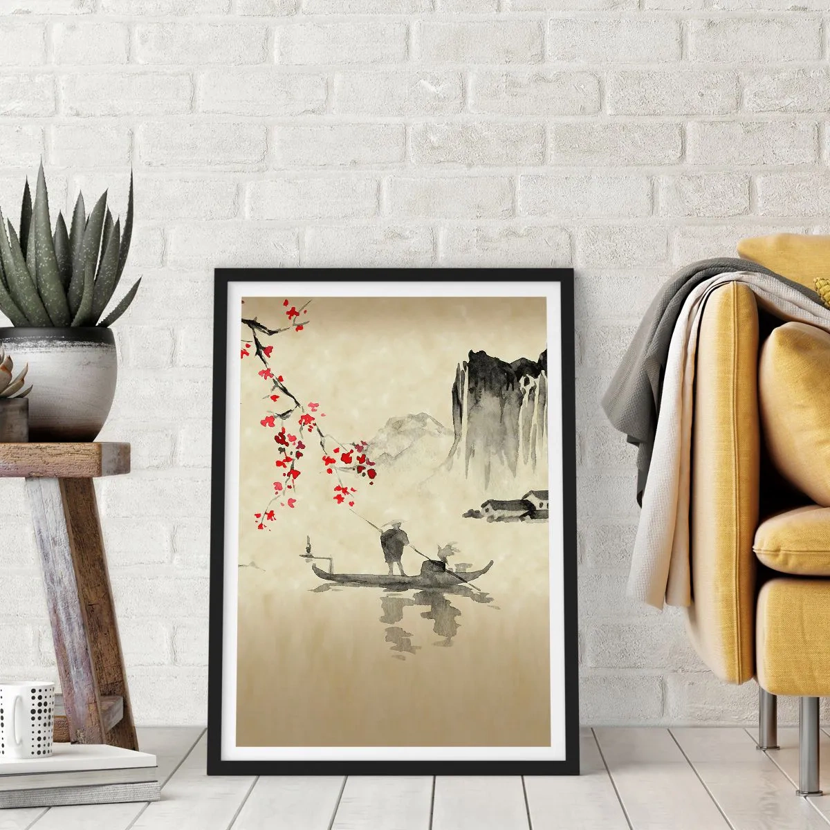 Plakát v černém rámu - Orientální scéna s rybáři na lodi - 50x70cm - V zemi kvetoucích třešní - Moderní nástěnná dekorace do obývacího pokoje a ložnice ARTTOR