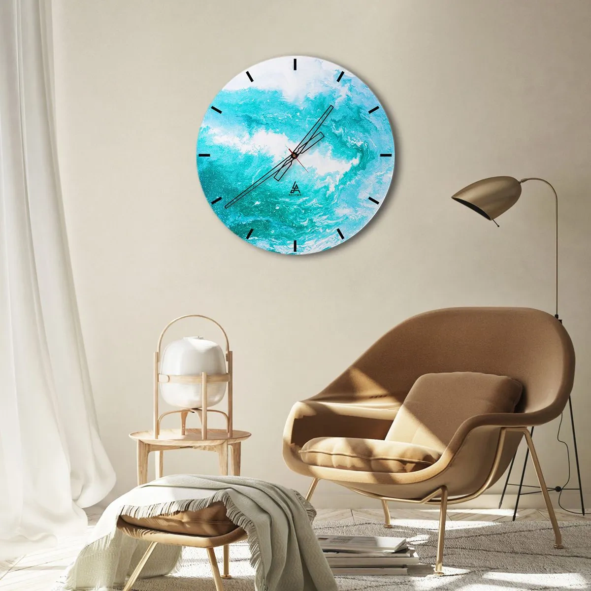 Nástěnné hodiny - Abstraktní vlna v odstínech modré a tyrkysové - 30x30cm - V jádru živlu - Moderní nástěnná dekorace do obývacího pokoje, kuchyně a ložnice ARTTOR