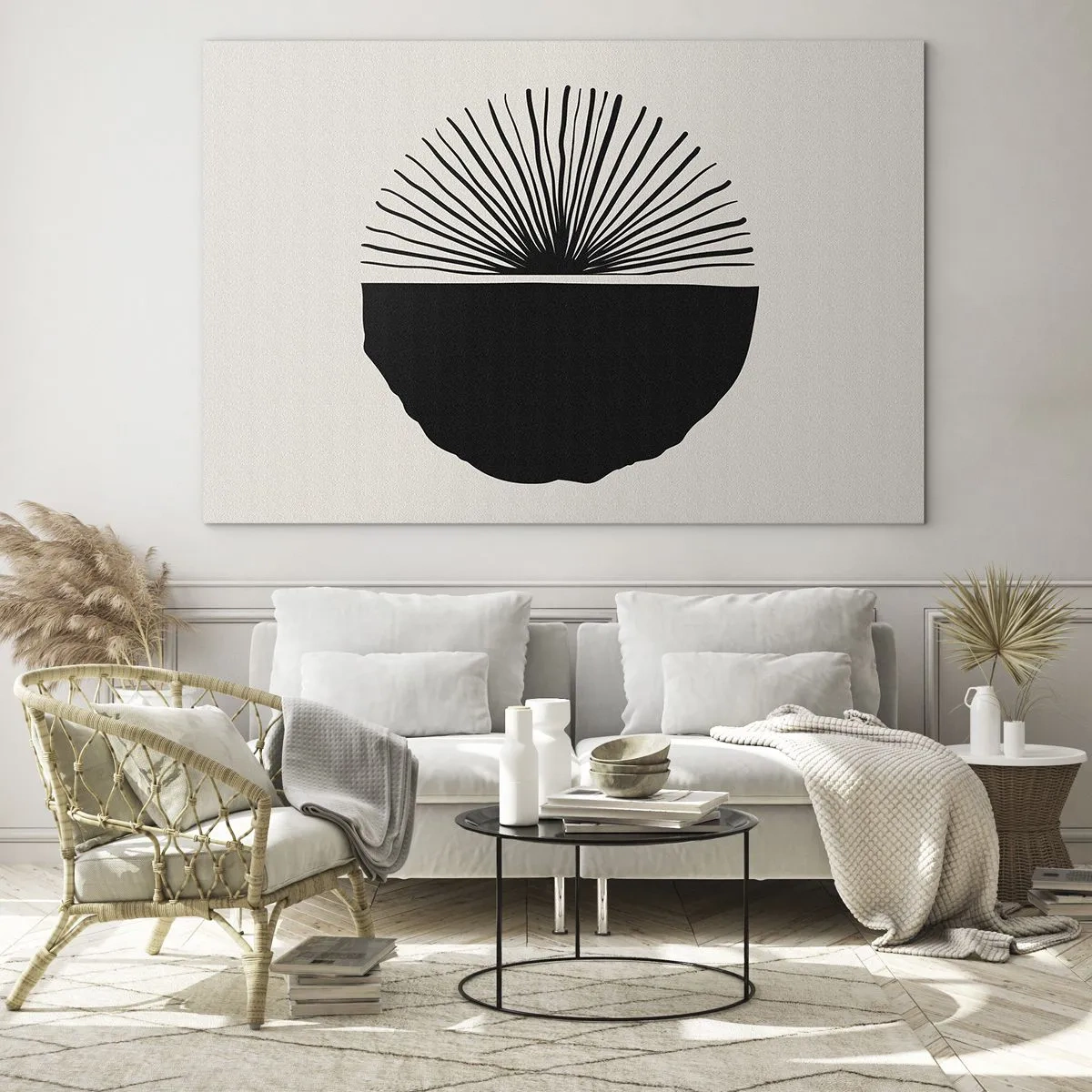 Obraz na skle - Černý geometrický tvar s vějířem čar na krémovém pozadí. - 70x50cm - Řada možností - Moderní nástěnná dekorace do obývacího pokoje a ložnice ARTTOR