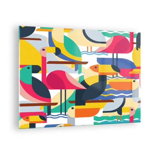 Obraz na skle - Abstraktní ilustrace barevných ptáků v geometrickém stylu - 70x50cm - Ptačí párty - Moderní nástěnná dekorace do obývacího pokoje a ložnice ARTTOR
