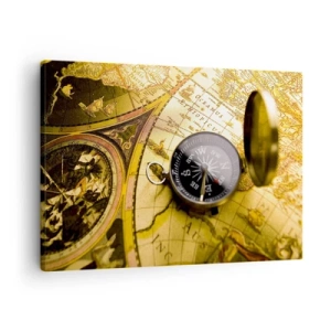 Obraz na plátně - Starožitný kompas na pozadí staré mapy světa - 70x50cm - Co tak na konec světa? - Moderní nástěnná dekorace do obývacího pokoje a ložnice ARTTOR