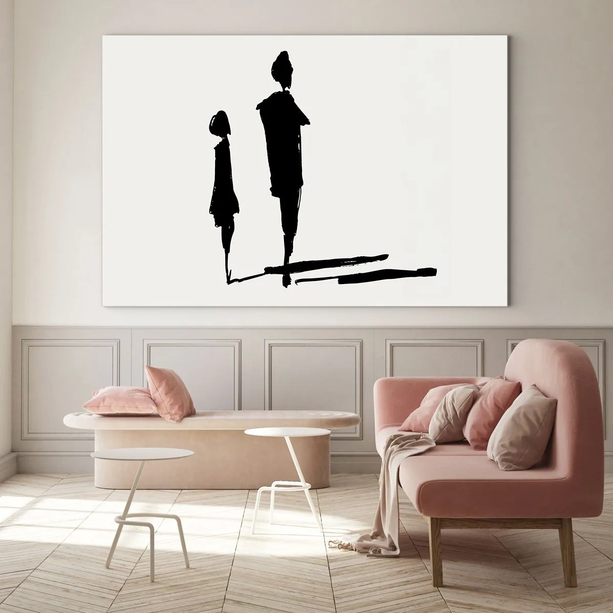 Obraz na skle - Černé siluety dvou postav se stíny na světlém pozadí - 70x50cm - Určitě spolu? - Moderní nástěnná dekorace do obývacího pokoje a ložnice ARTTOR