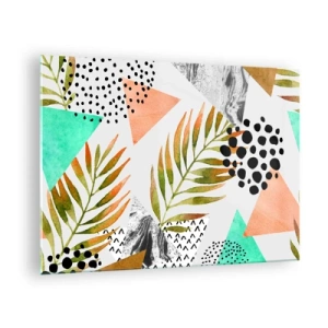 Obraz na skle - Geometrické tvary a listy v pastelových barvách - 70x50cm - Dekorace s palmovým listem - Moderní nástěnná dekorace do obývacího pokoje a ložnice ARTTOR