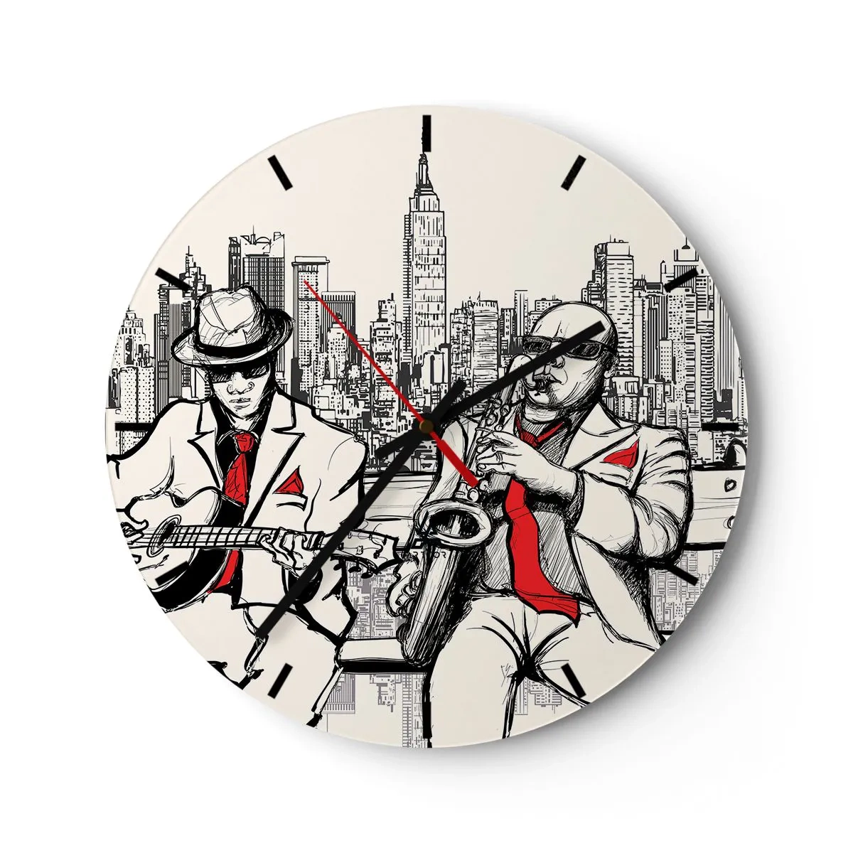 Nástěnné hodiny - Ciferník s motivem jazzových hudebníků na pozadí New Yorku - 30x30cm - Newyorská improvizace - Moderní nástěnná dekorace do obývacího pokoje, kuchyně a ložnice ARTTOR