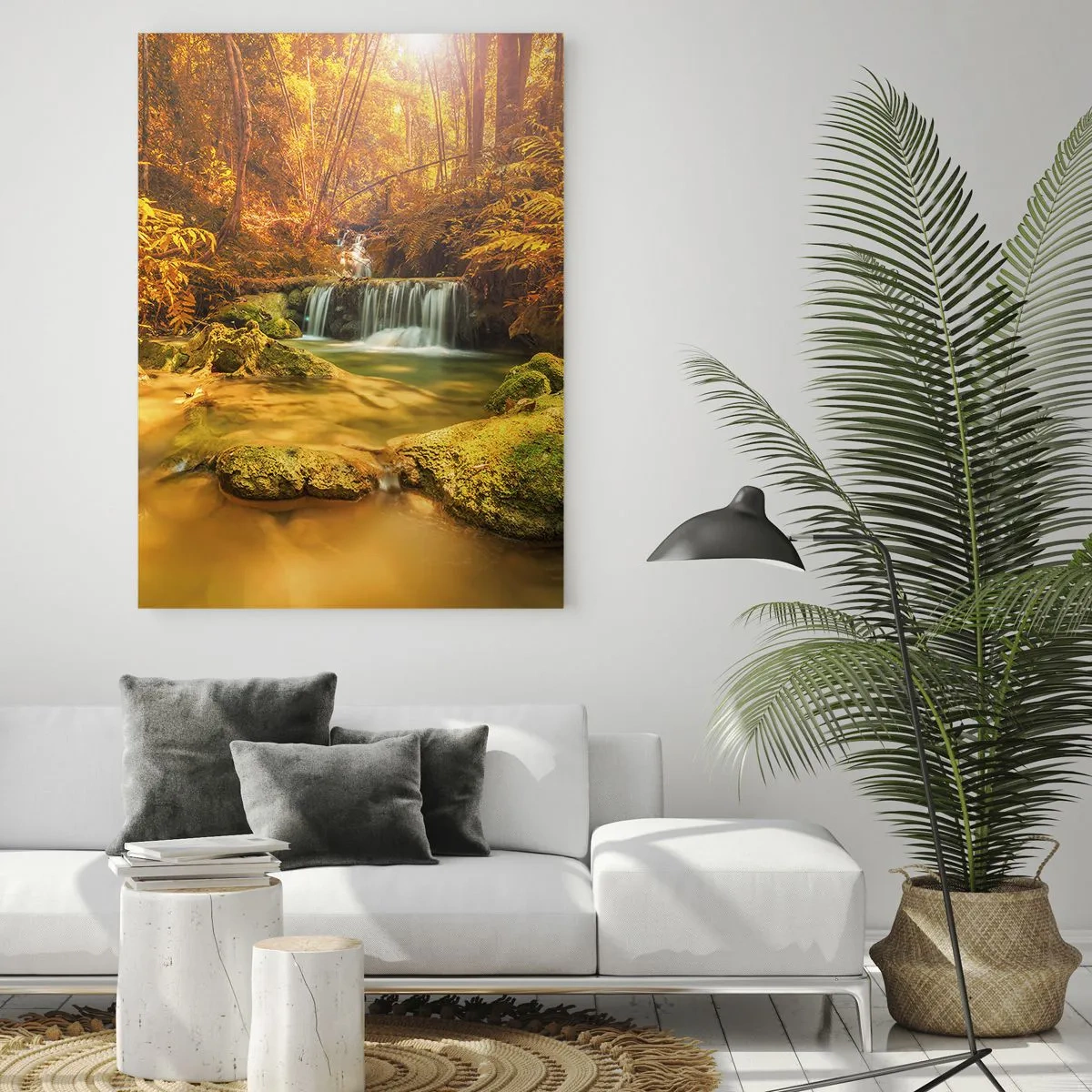 Obraz na skle - Lesní vodopád ve zlaté - 70x100 cm