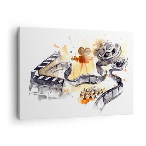 Obraz na plátně - Symbolika kina s filmovým pásem v uměleckém akvarelu - 70x50cm - V krajině snů - Moderní nástěnná dekorace do obývacího pokoje a ložnice ARTTOR