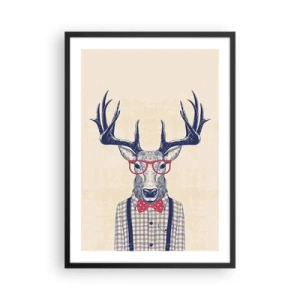 Plakát v černém rámu - Stylový jelen s brýlemi a motýlkem na béžovém pozadí - 50x70cm - Zábavná extravagance - Moderní nástěnná dekorace do obývacího pokoje a ložnice ARTTOR