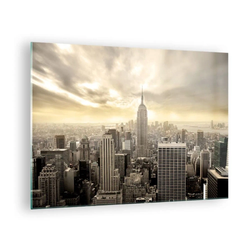 Obraz na skle - Panorama města s mrakodrapy a Empire State Building - 70x50cm - New York utkaný z šedi - Moderní nástěnná dekorace do obývacího pokoje a ložnice ARTTOR