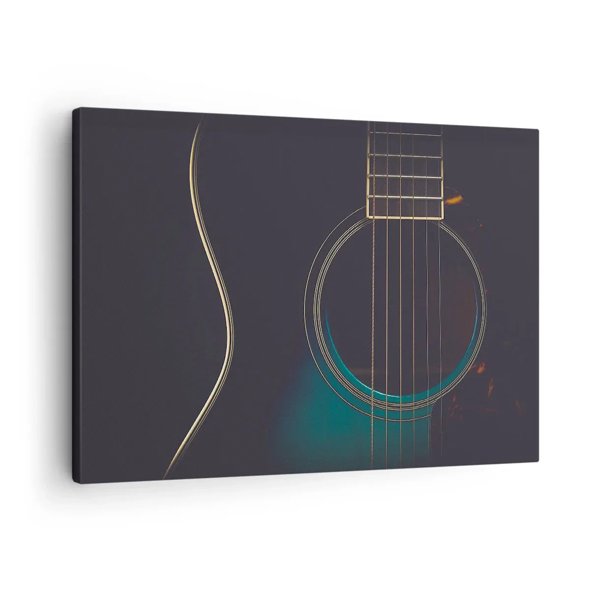 Obraz na plátně - Akustická kytara v tmavém, elegantním světle - 70x50cm - Okamžik, než to zazní - Moderní nástěnná dekorace do obývacího pokoje a ložnice ARTTOR