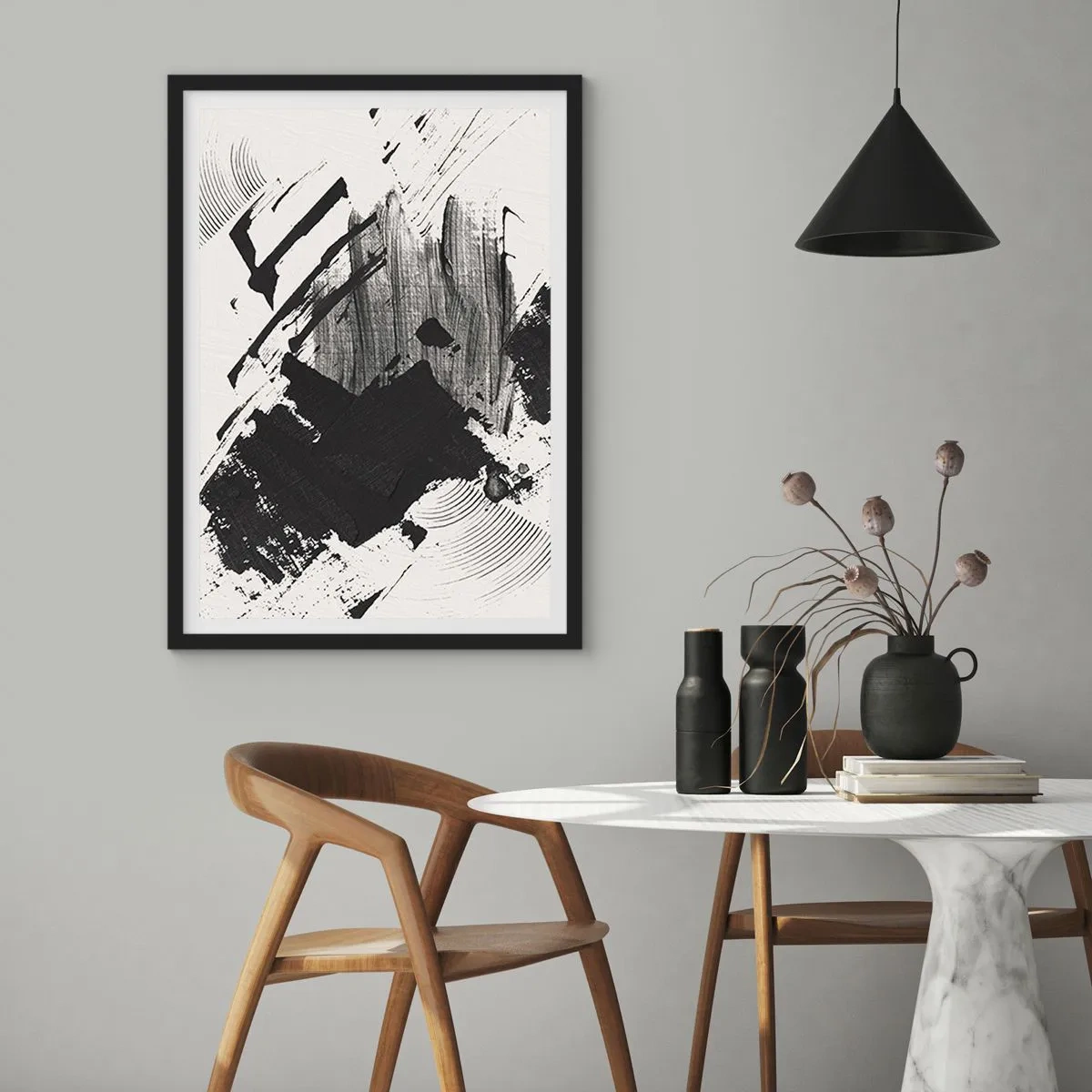 Plakát v černém rámu - Abstraktní černobílé tahy štětcem - 50x70cm - Abstrakce – exprese černé - Moderní nástěnná dekorace do obývacího pokoje a ložnice ARTTOR