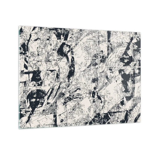 Obraz na skle - Černobílá abstrakce s dynamickými liniemi a texturami - 70x50cm - Prolínání protikladů - Moderní nástěnná dekorace do obývacího pokoje a ložnice ARTTOR