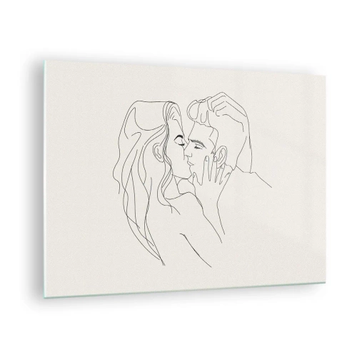 Obraz na skle - Smyslný polibek páru v konturové linii - 70x50cm - Zamotaní citem - Moderní nástěnná dekorace do obývacího pokoje a ložnice ARTTOR