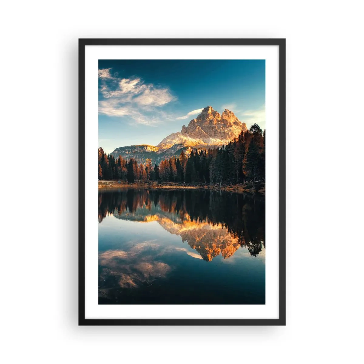 Plakát v černém rámu - Vrchol hory odrážející se v klidném jezeře - 50x70cm - Dvojitá krajina - Moderní nástěnná dekorace do obývacího pokoje a ložnice ARTTOR